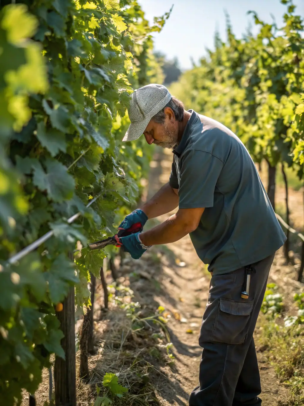 A worker installing a metal mesh system for crop protection in a vineyard, demonstrating the ease of installation and effectiveness.
