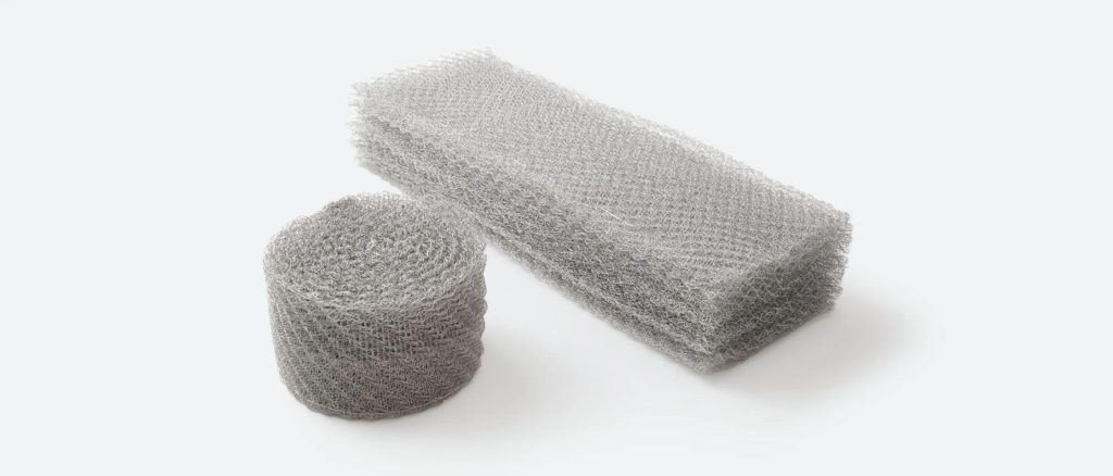Close-up view of stainless steel knitted wire mesh