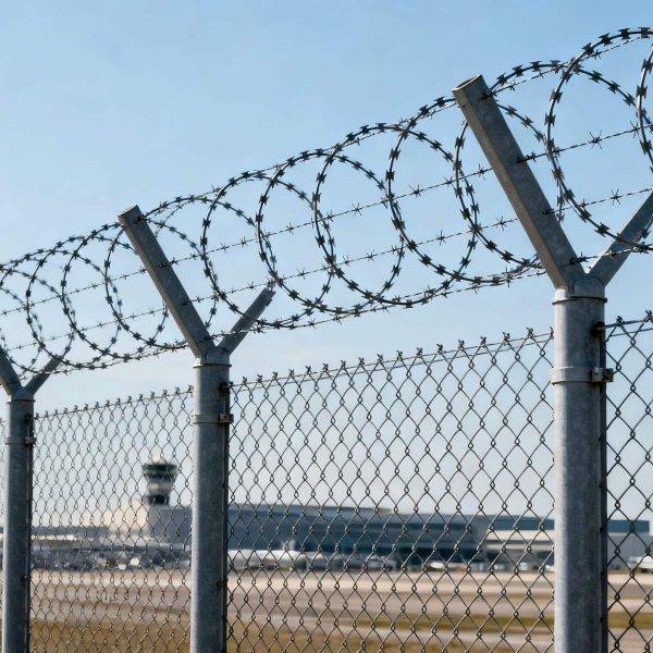 Airport perimeter protected by chain link fence with razor wire