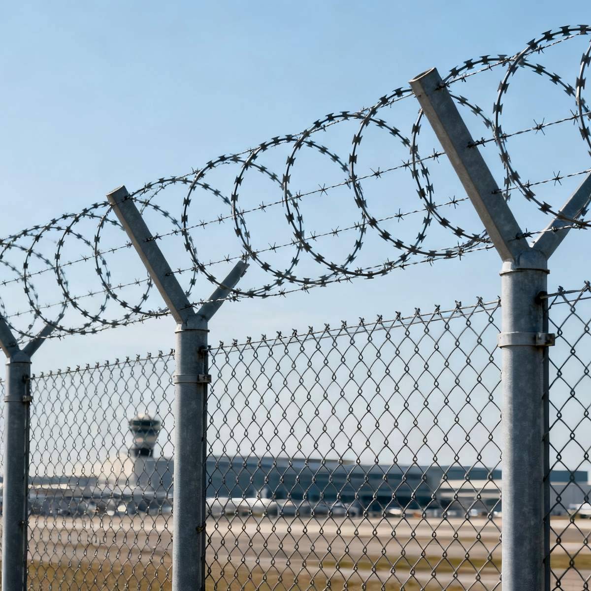 Airport perimeter protected by chain link fence with razor wire
