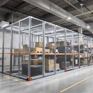 Large logistics warehouse with welded mesh partition system