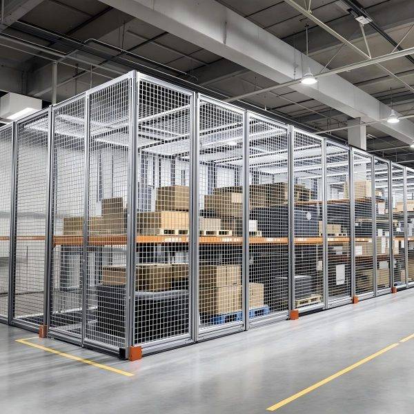 Large logistics warehouse with welded mesh partition system