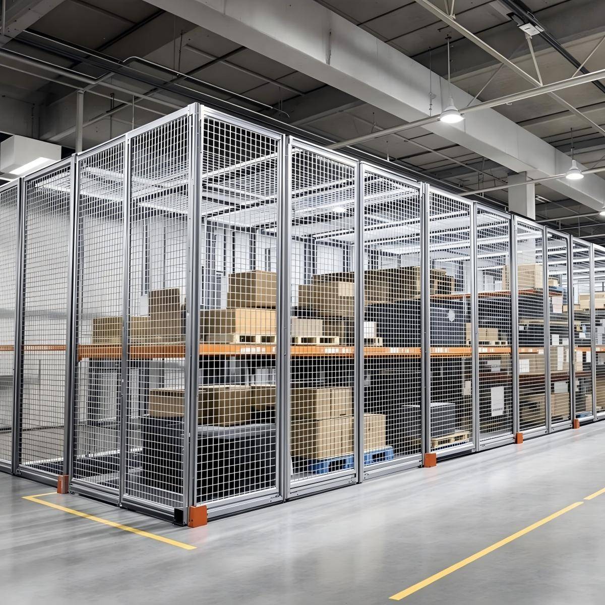 Large logistics warehouse with welded mesh partition system