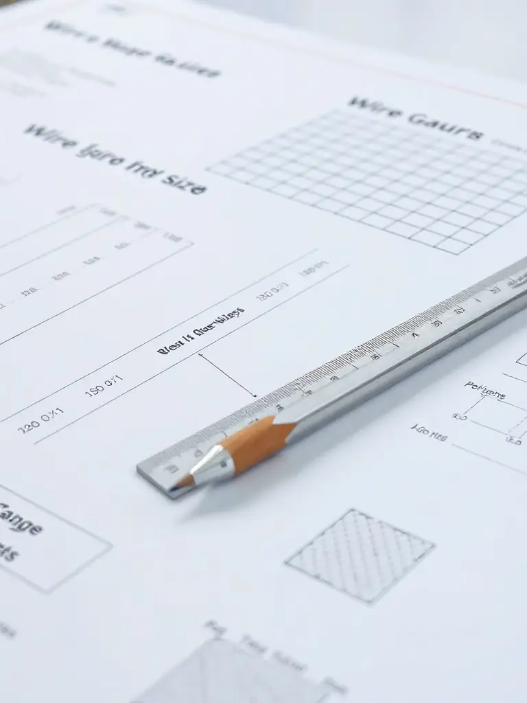A close-up of a printed specification chart showing wire gauges, mesh sizes, and perforation patterns, with a metallic ruler and drafting pencil on a white background, styled for an industrial audience.
