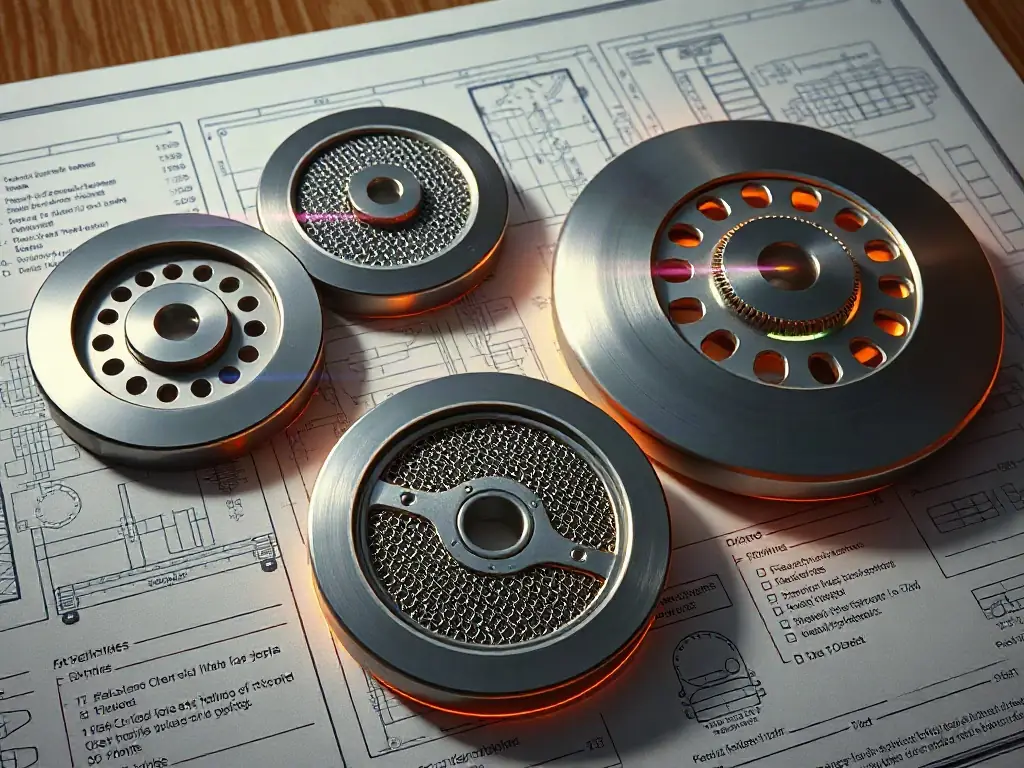 A detailed image showing a variety of filtering discs with different mesh sizes and patterns, laid out on a technical blueprint background, highlighting customization and versatility.