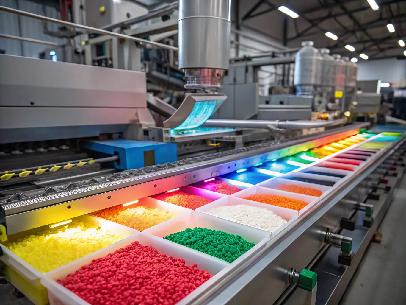 A detailed image of filter cloth being used in a polymer extrusion line, showing molten polymer passing through the mesh and operators monitoring the process in a modern factory setting.