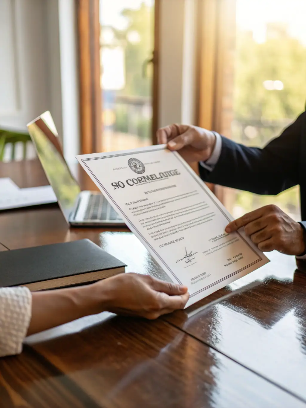 A stack of official-looking certificates and compliance documents, including ISO and inspection reports, stamped and signed, on a steel-gray desk with a blue pen and company-branded folder.