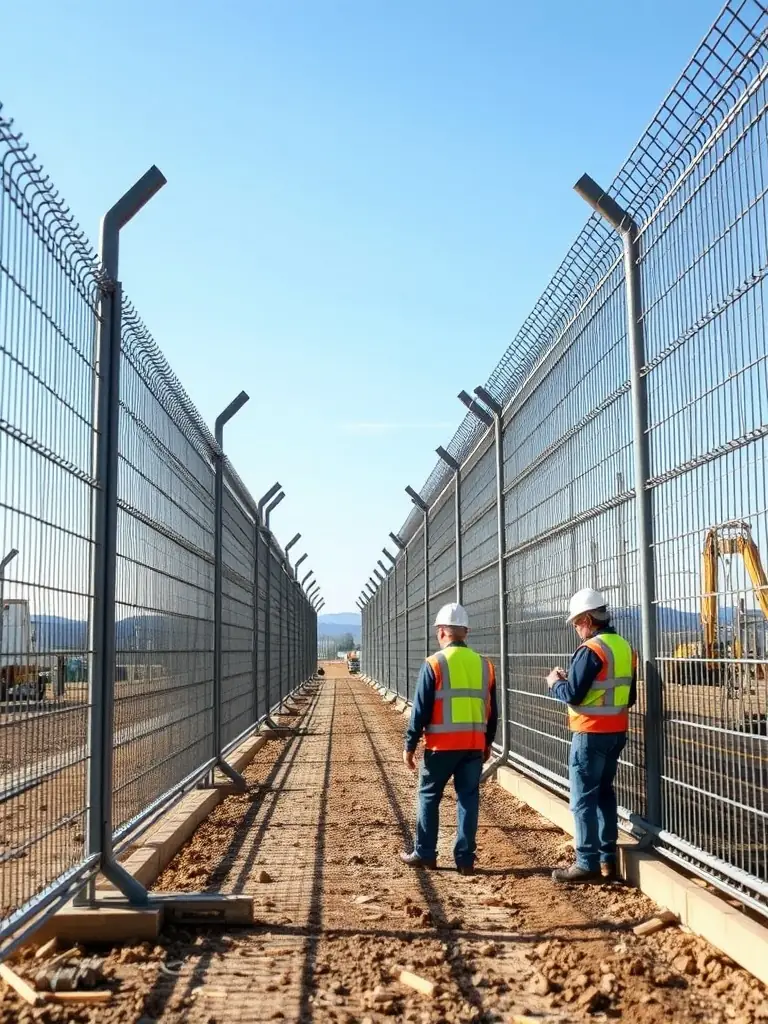 Photo of square mesh panels used as safety barriers on a modern construction site, with workers and scaffolding in the background, emphasizing durability and security.