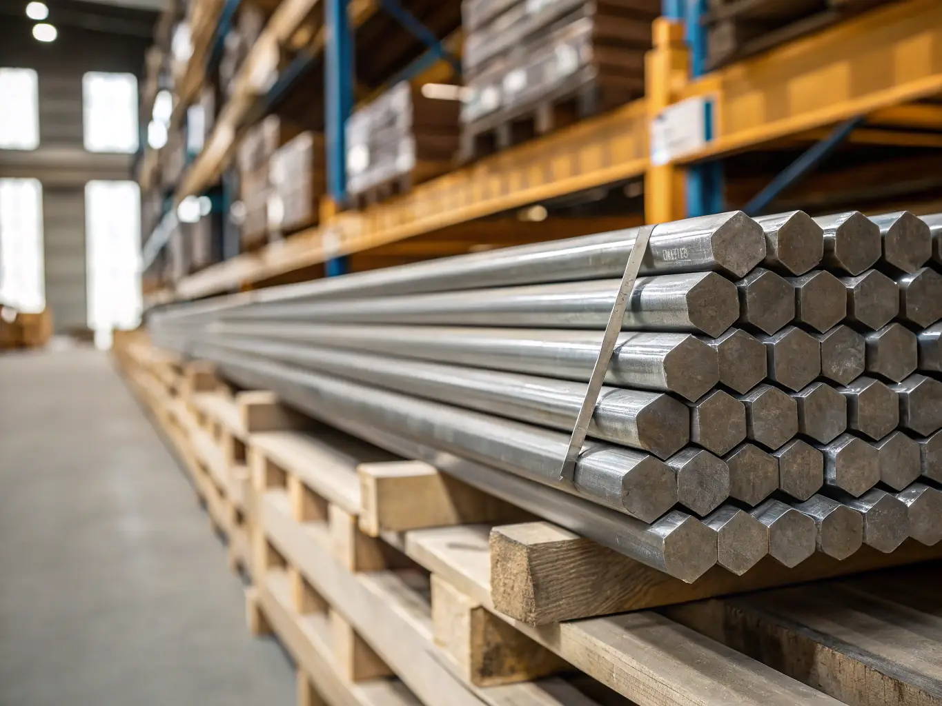 Close-up of industrial carbon steel bars stacked in a warehouse, showing metallic texture and dark gray color.
