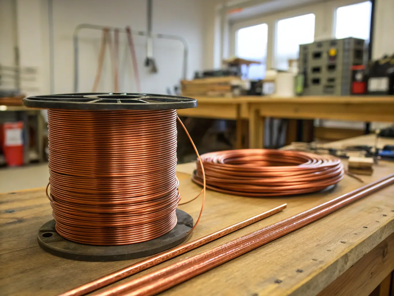 Copper wire mesh with a reddish-brown color, displayed in a technical laboratory environment.