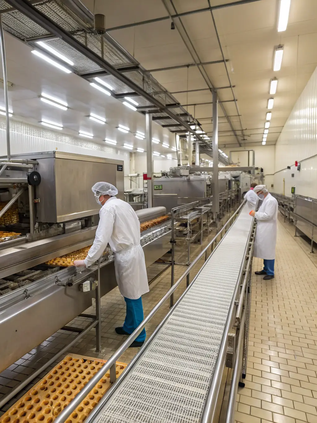 Image of square mesh conveyor belt transporting food products in a clean, stainless steel industrial food processing facility, highlighting hygiene and efficiency.