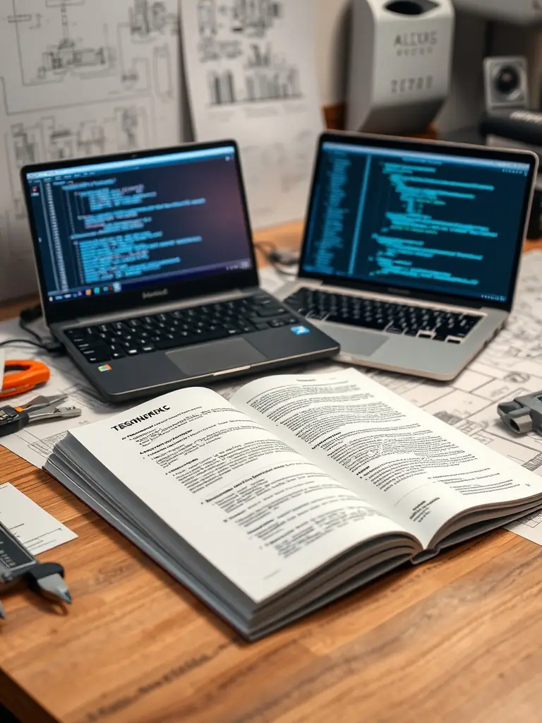 A technical data sheet with engineering drawings, material specifications, and tables, placed beside a caliper and metal samples, photographed in a modern industrial office with steel and blue tones.
