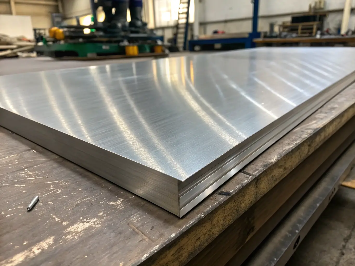 Stainless steel sheets and wire mesh with a bright, reflective finish, arranged on a clean workbench.