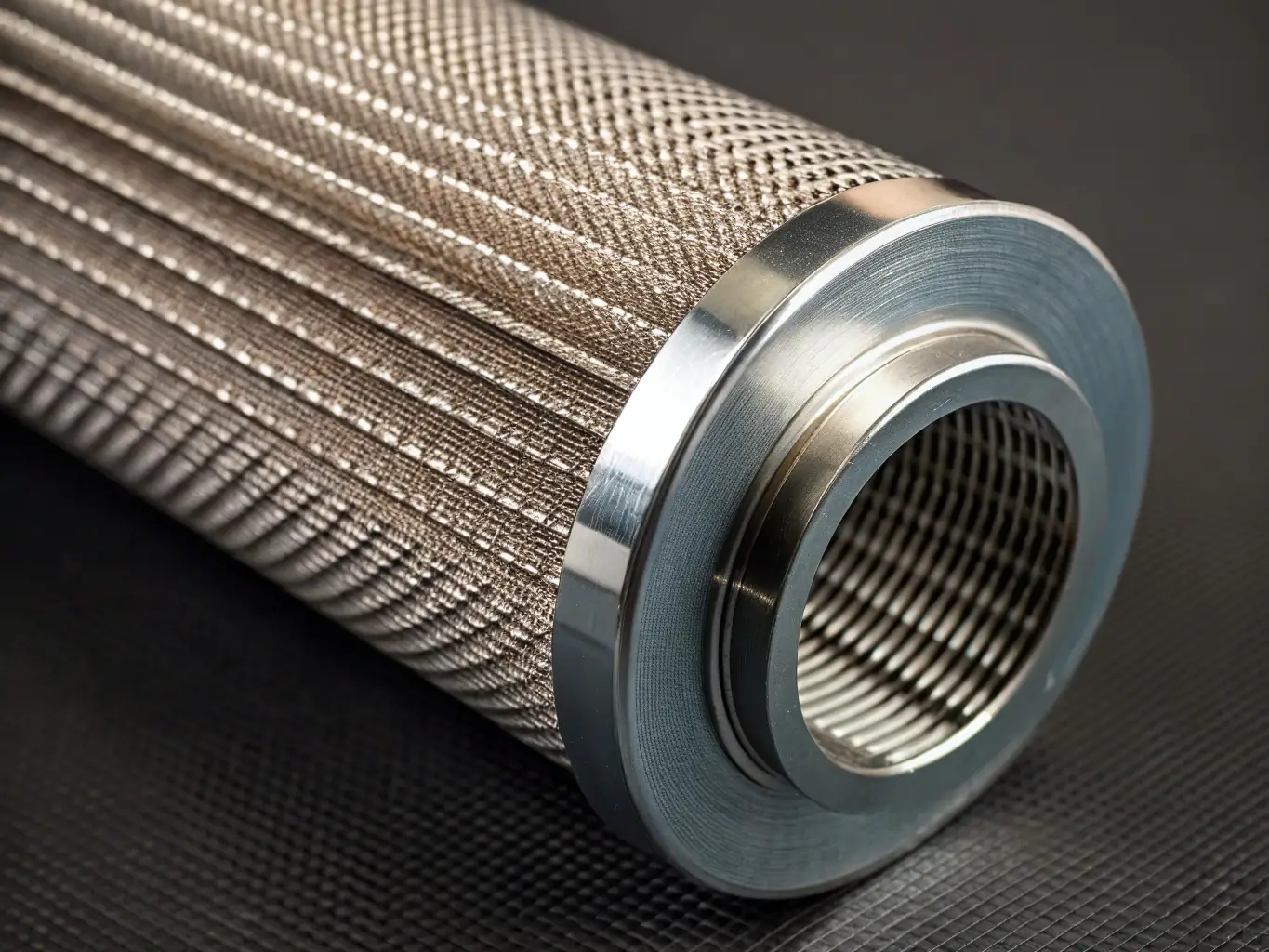 A close-up photo of stainless steel filtering discs with fine wire mesh, arranged on a clean metallic surface, under bright industrial lighting, emphasizing durability and precision manufacturing.