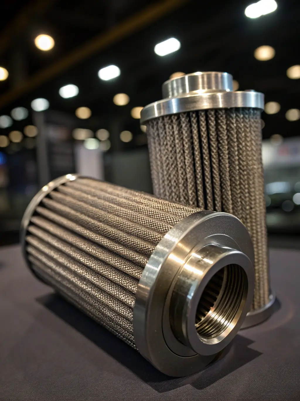 Close-up image of fine square mesh used in a liquid filtration system, with water visibly passing through the mesh in a stainless steel industrial filter housing.