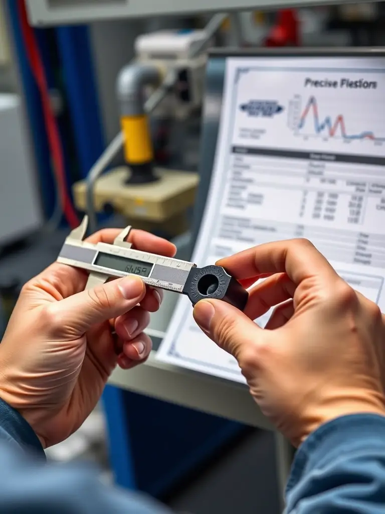 Detailed image of calipers measuring the diameter of a single wire in a square mesh panel, emphasizing accuracy and quality control in manufacturing.
