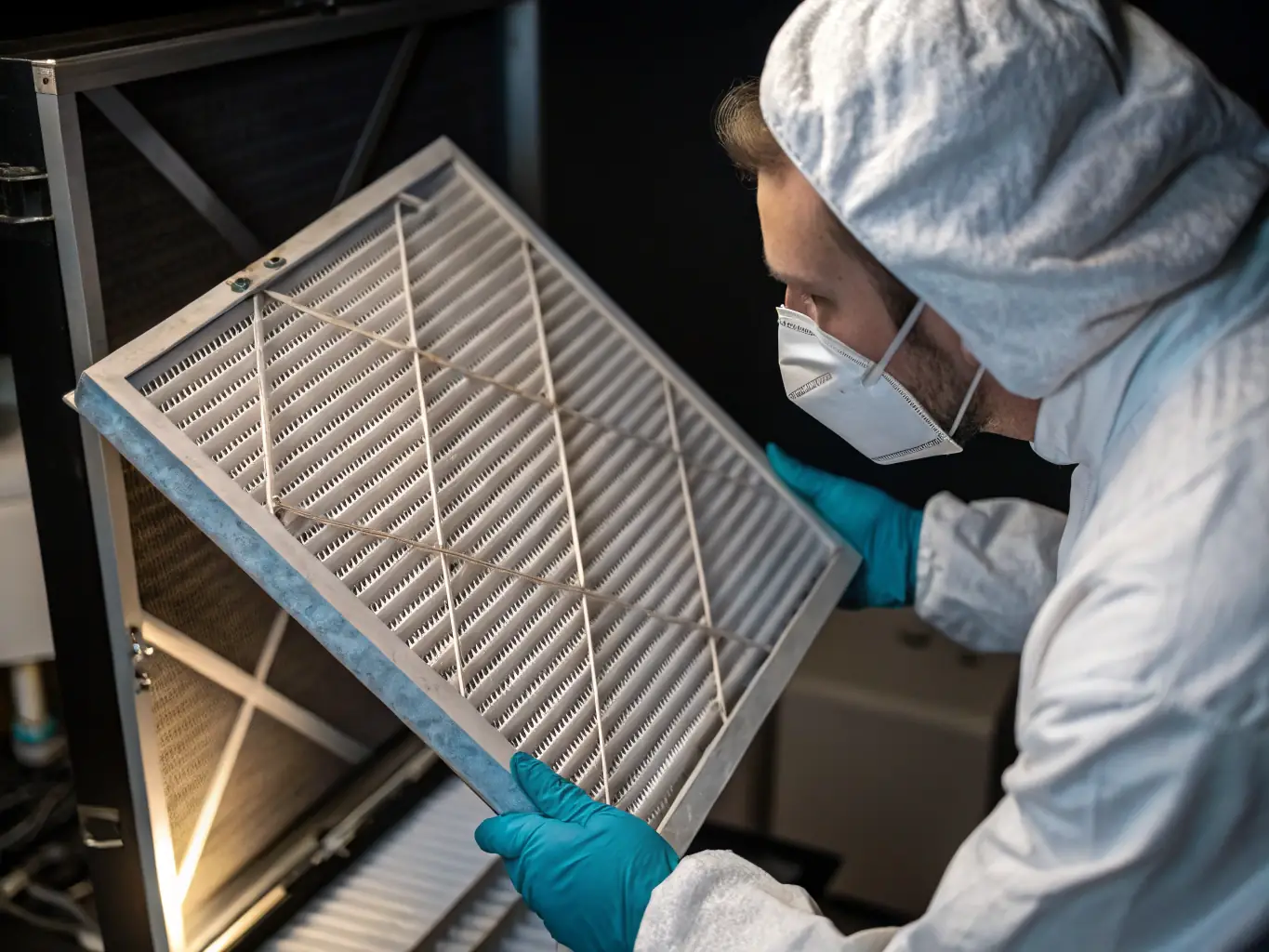 A close-up image of filter cloth integrated into a stainless steel filter housing in a pharmaceutical or food processing cleanroom, with technicians in white lab coats and hairnets.