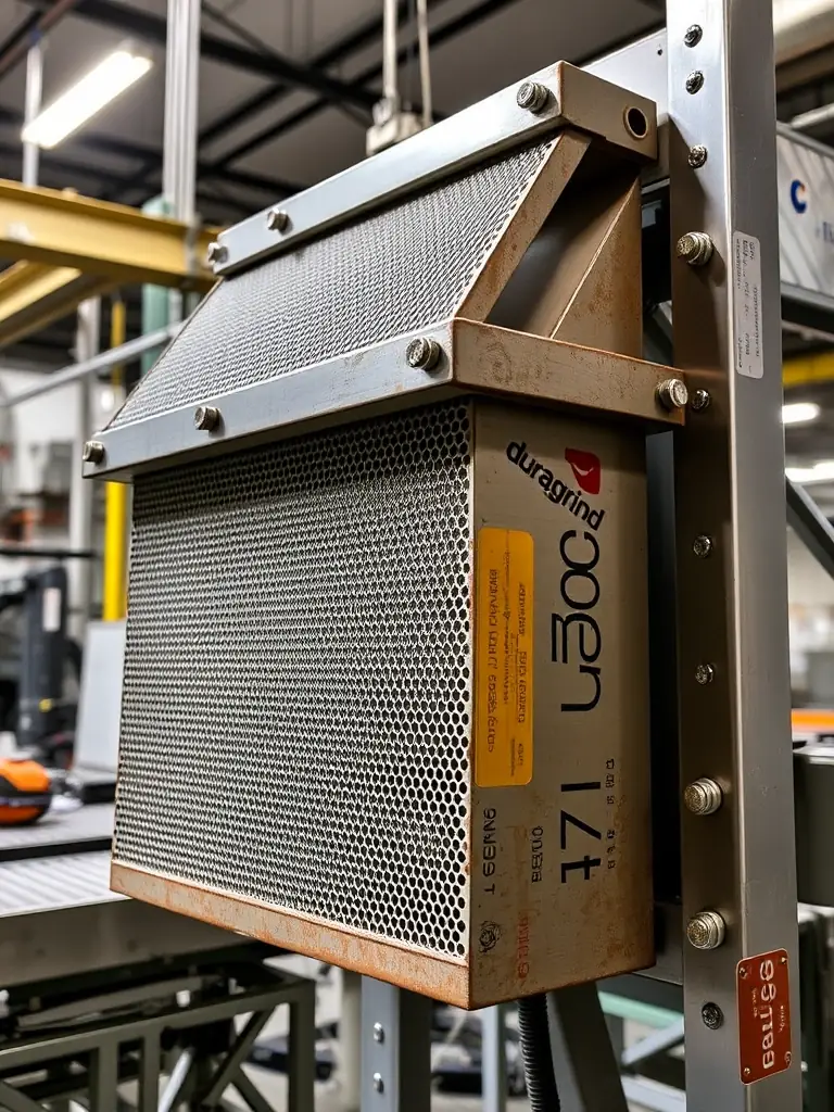 High-resolution photo of stainless steel square mesh installed in a large aggregate screening machine at a quarry, with crushed stone visible on the mesh surface, under bright industrial lighting.