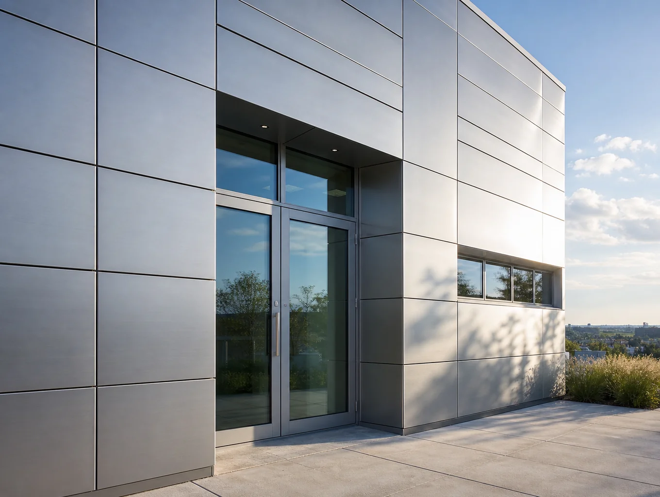 Architectural perforated metal facade panel installation on building exterior