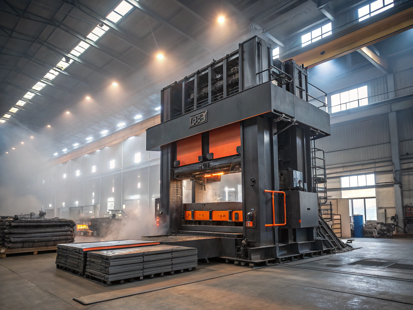 Industrial perforating punch press operating on carbon steel sheet