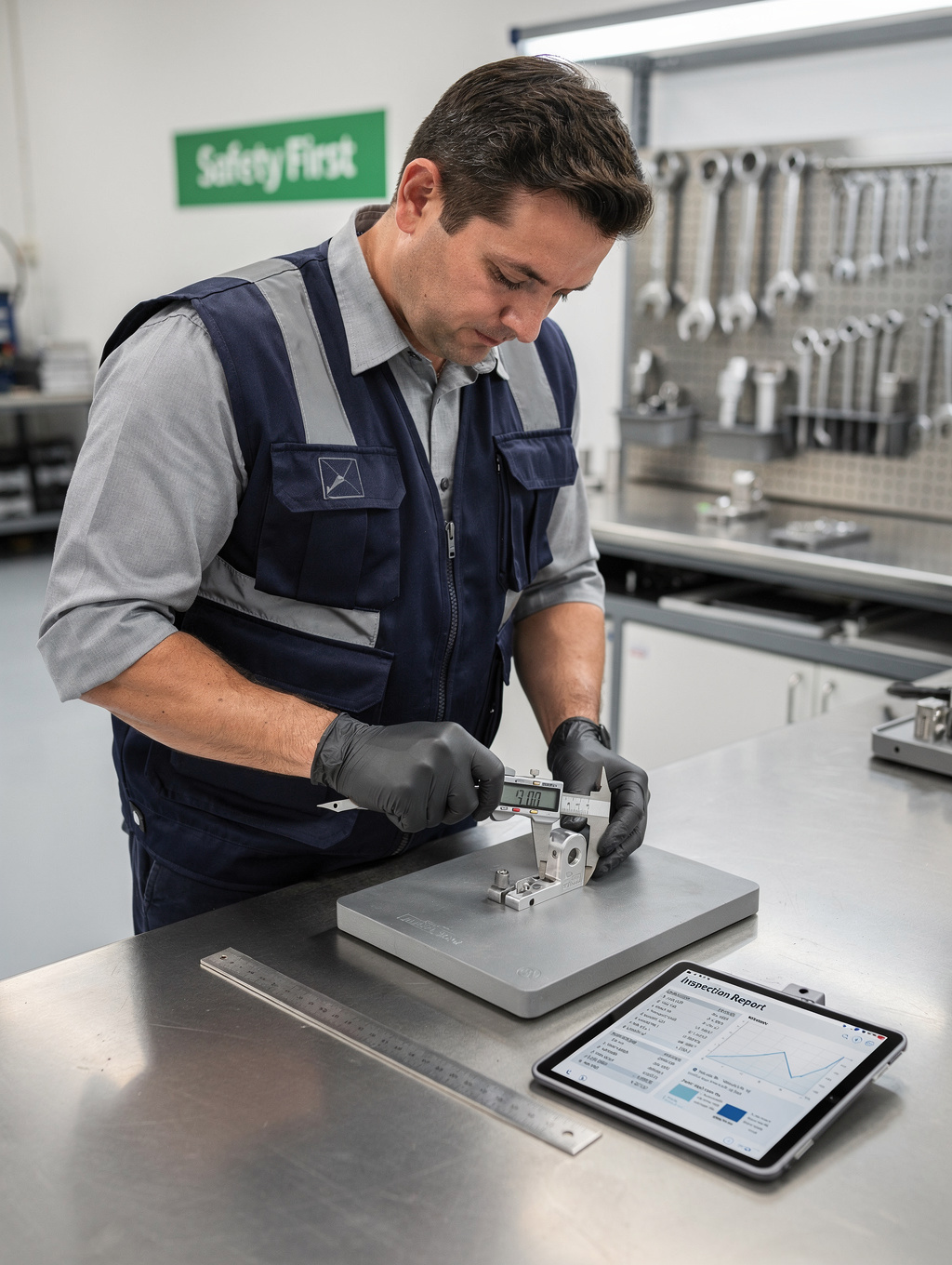 Quality technician checking bar grating weld tolerances with digital caliper