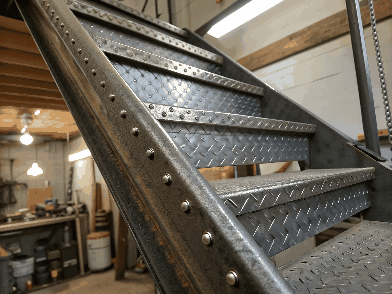 Galvanized steel bar grating stair tread with checkered plate nosing and bolted end plate