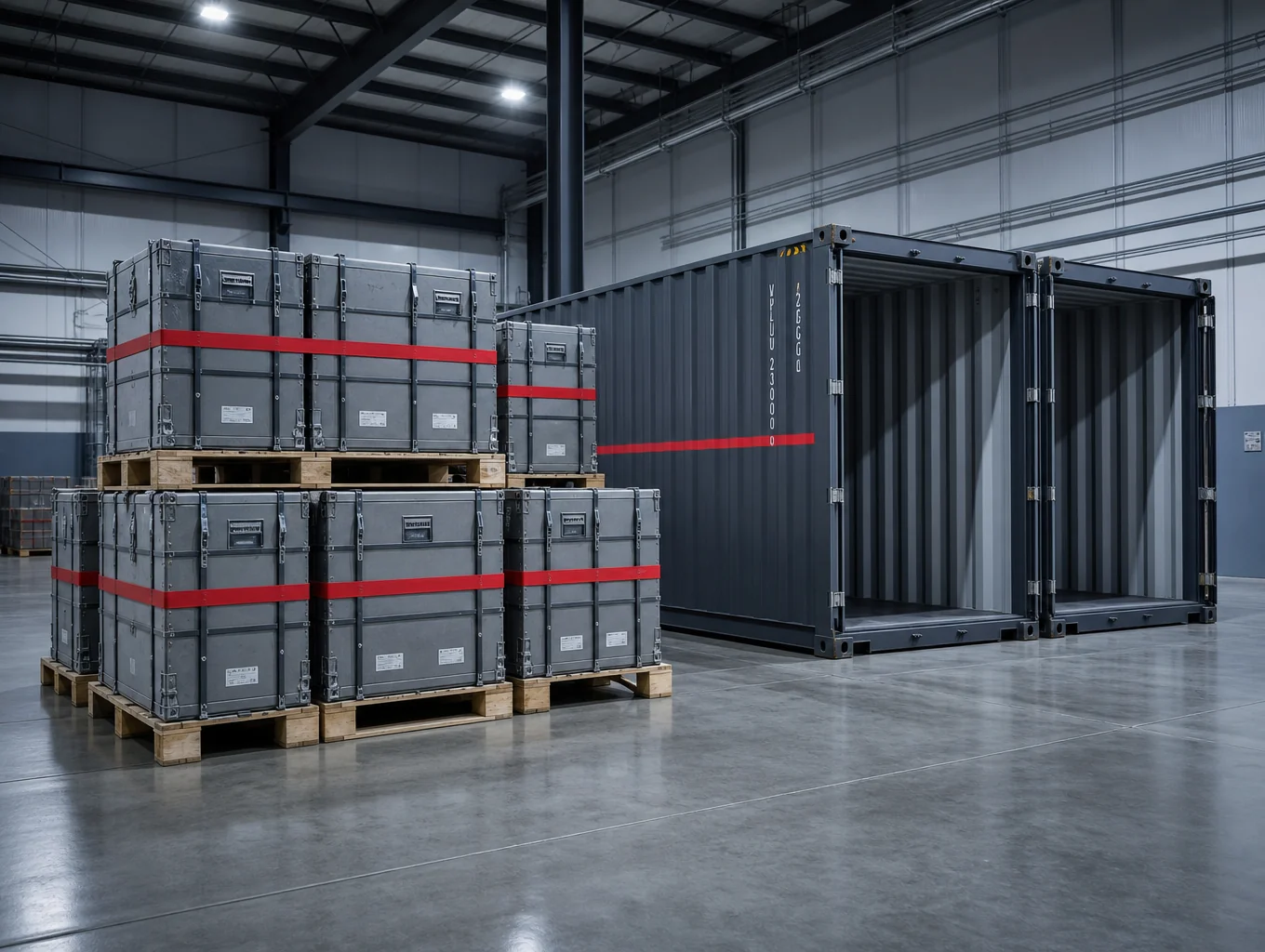 Heavy export wooden crates and strapped metal grating ready for shipping