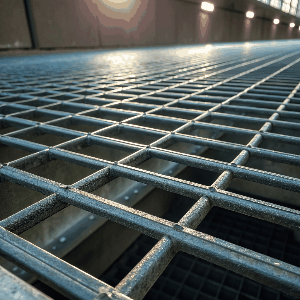 Close-up detail of precision press-locked bar grating interlocking structure