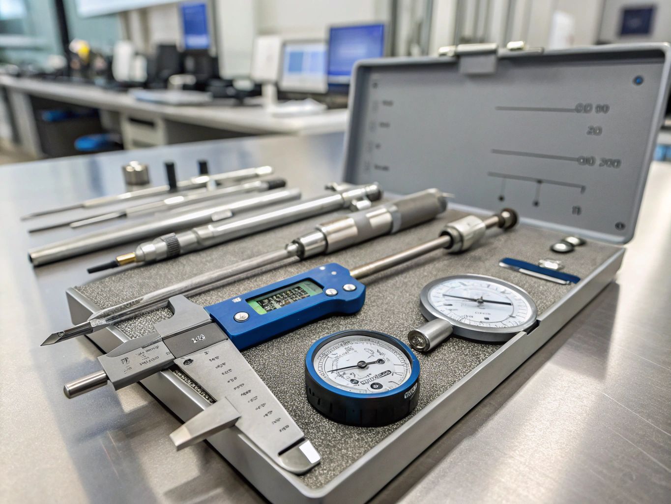 Industrial vernier caliper measuring perforated metal hole tolerance