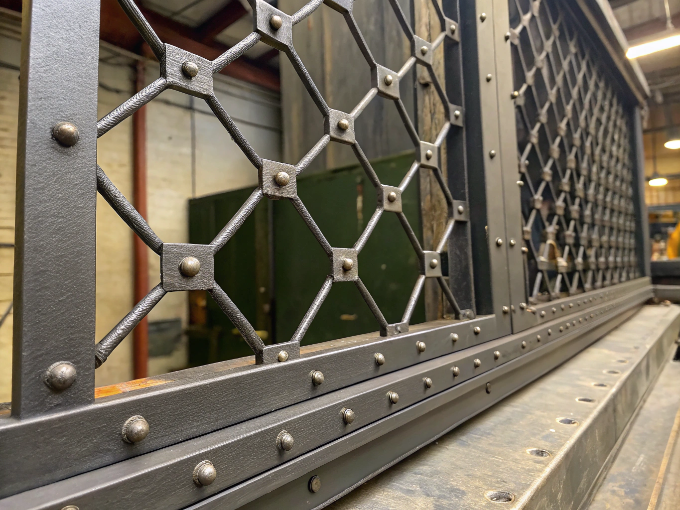 Detail of riveted bar grating assembly showing cold-pressed rivets and reticuline bars