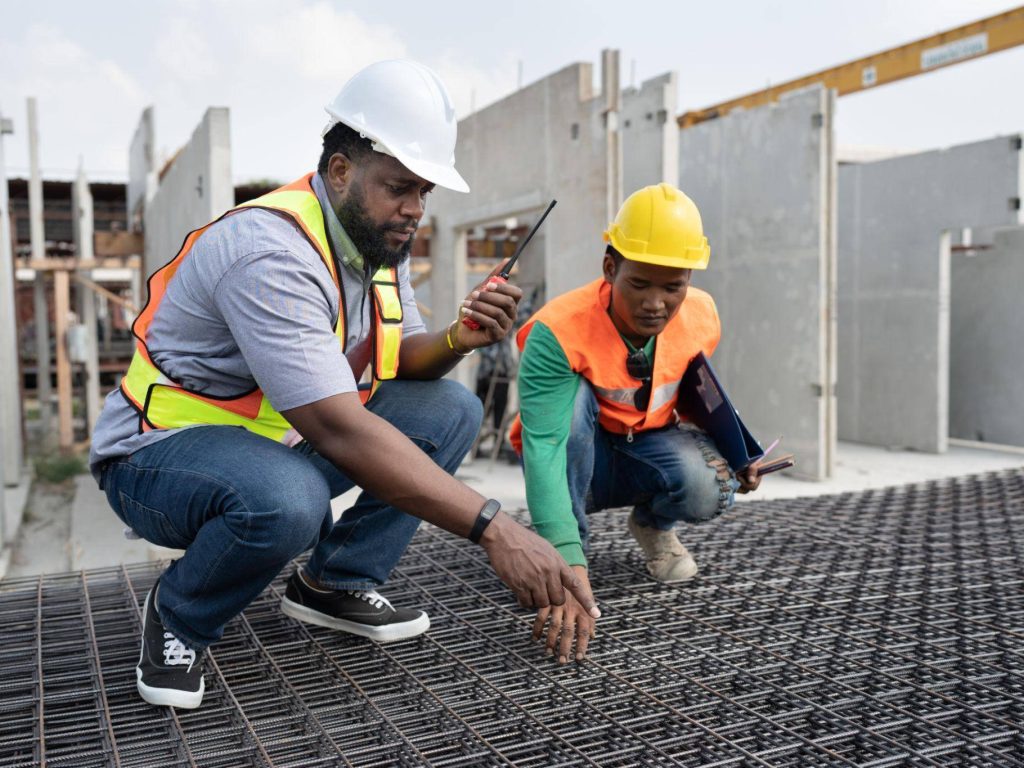 checking wire mesh with precast cement factory background